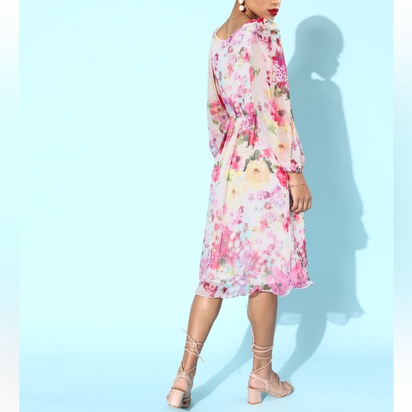 White & Pink Floral Chiffon Midi Dress with Drawstring Detail - Picture 4 of 4
